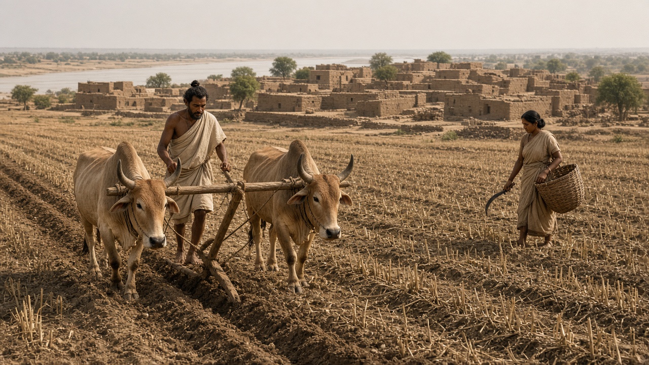 Harappan farmer guiding a wooden plough pulled by two humped oxen across a furrowed field, with a woman holding a sickle and basket and a mud-brick settlement beside a river