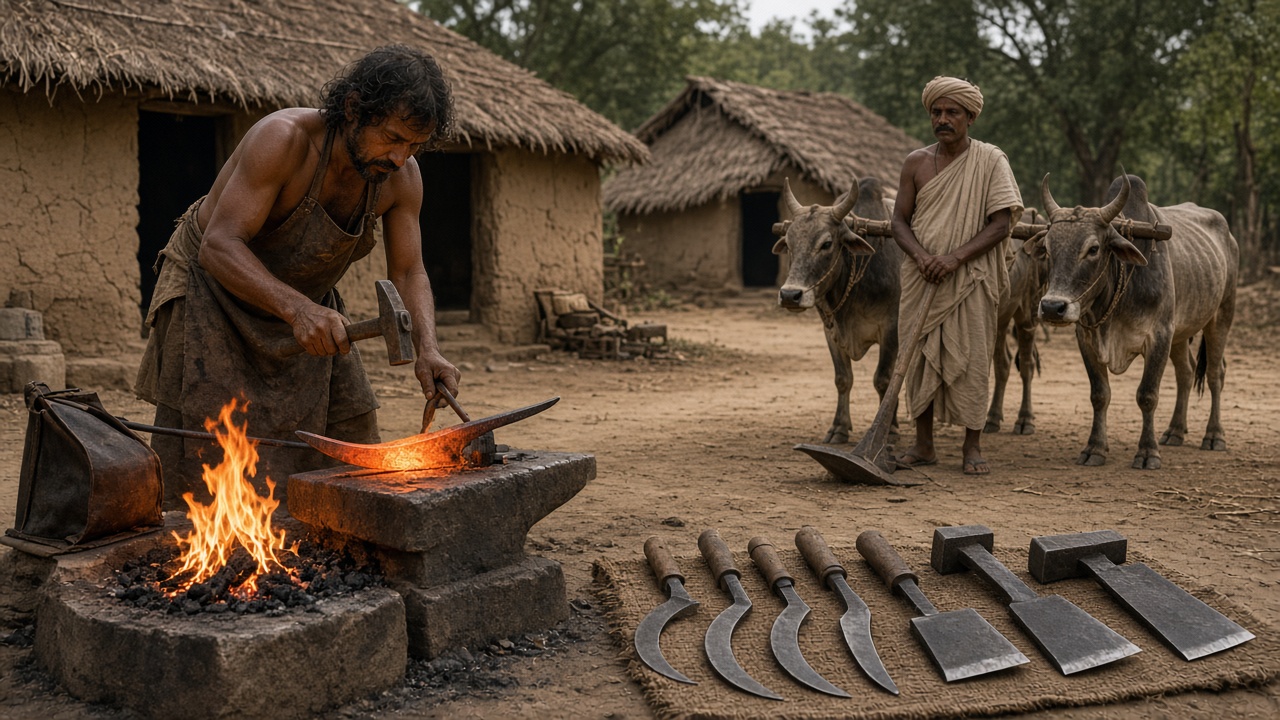 Ancient Indian village blacksmith hammering a glowing iron ploughshare on a stone anvil beside a charcoal fire, with iron sickles and hoes laid on a mat and a farmer waiting with oxen