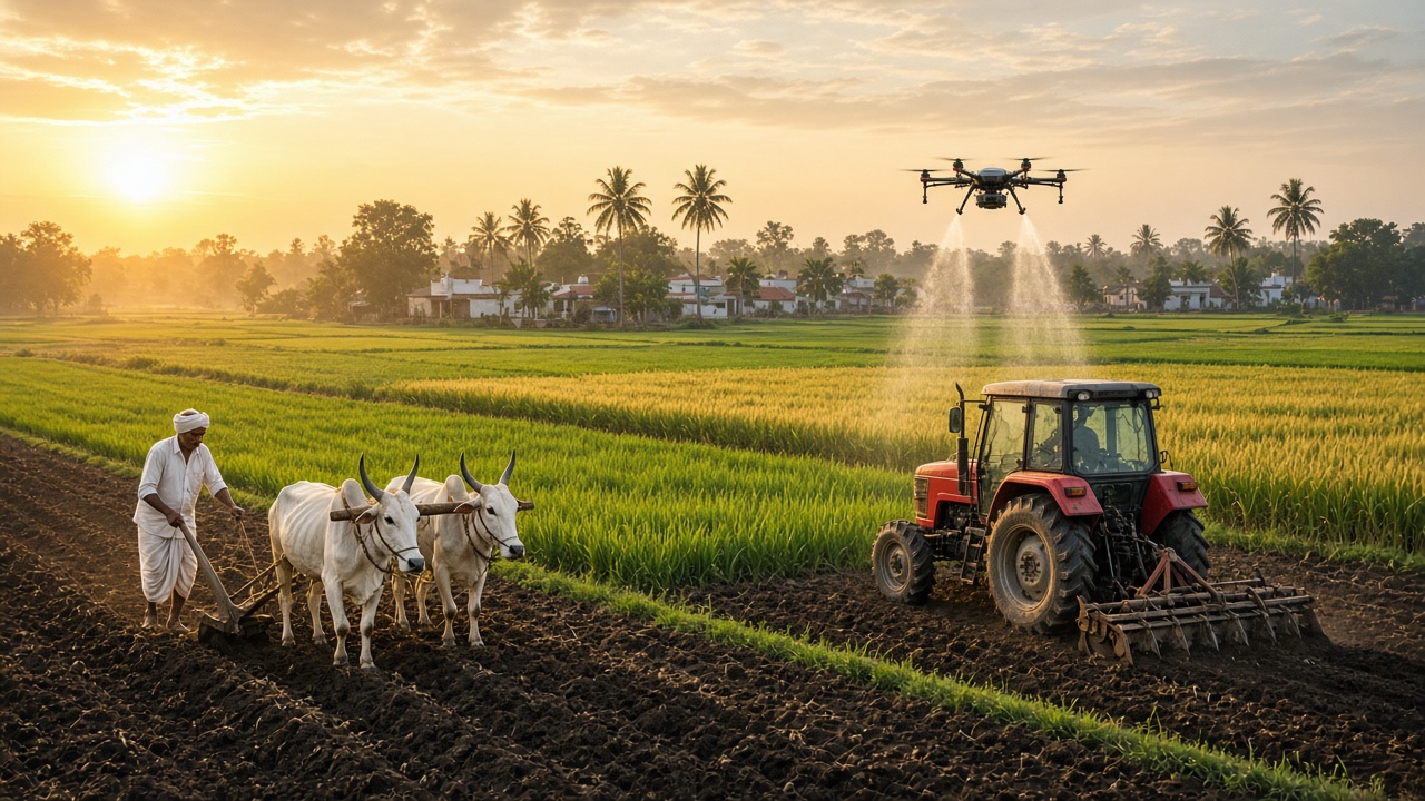 Indian farm at sunrise with a farmer ploughing behind two white bullocks on one side and a red tractor tilling while a drone sprays green crops on the other