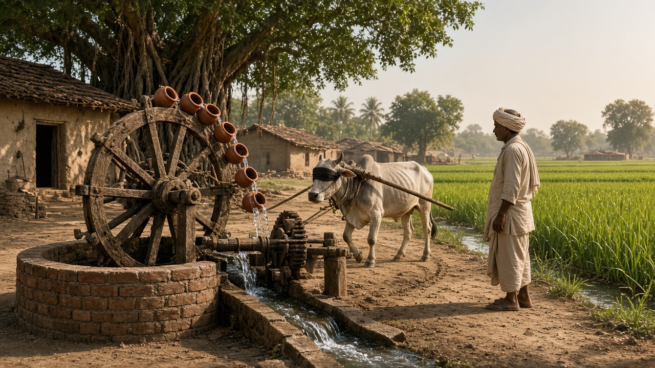 Medieval Indian Persian wheel with clay pots lifting water from a brick well, turned by a blindfolded bullock through wooden gears, pouring water into a channel beside green fields