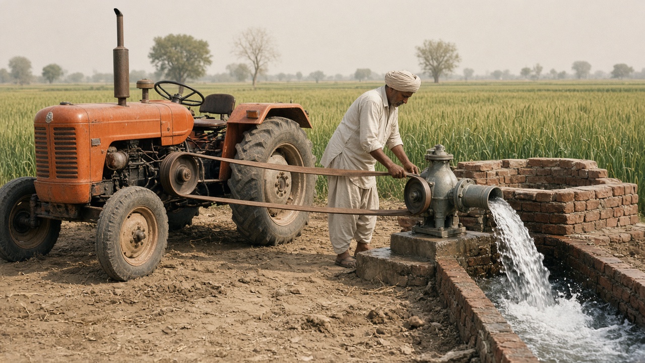 1970s orange tractor with a long flat belt from its side pulley driving a centrifugal water pump at a brick well, water gushing into a channel, and a Sikh farmer adjusting the belt