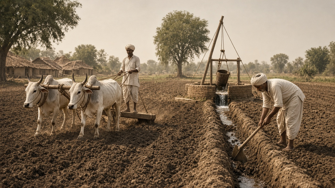 Two white bullocks pulling a wooden plank leveller with a farmer standing on it, another farmer digging a field channel with a spade, and a leather-bucket well lift in the background