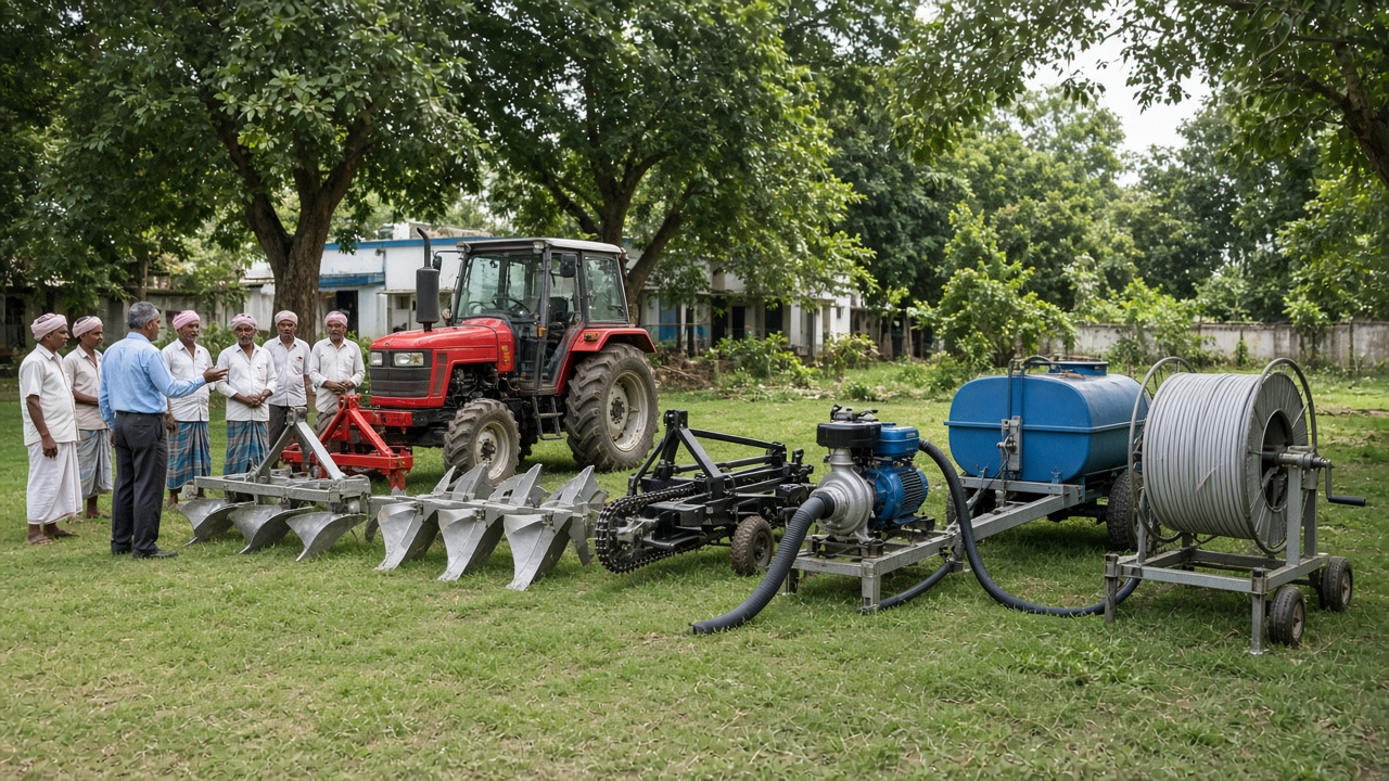 Farm machinery yard with a red tractor and irrigation implements on grass — a ridger, a bund former, a trencher, a PTO water pump with hoses, a water tanker, and a drip pipe reel — while farmers listen to an instructor
