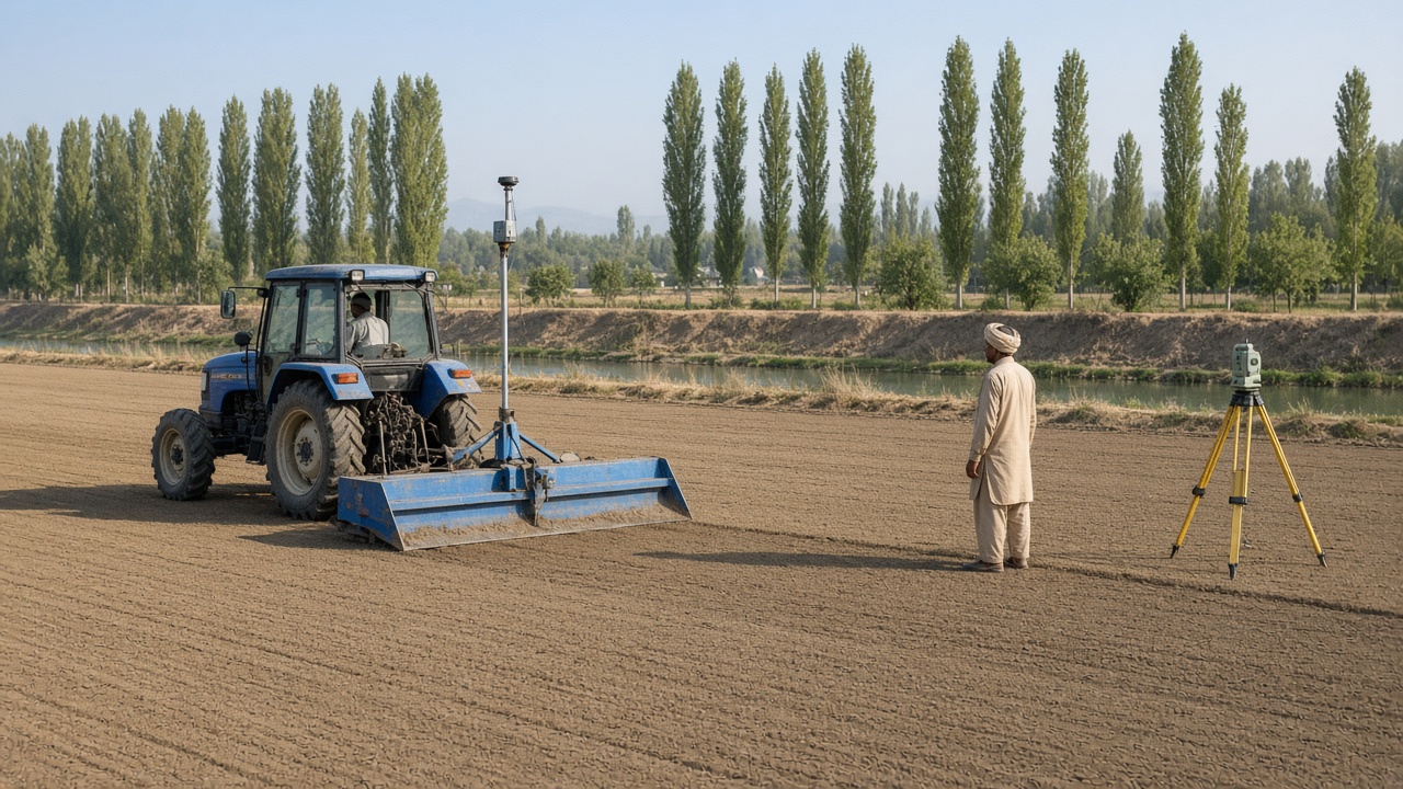 Blue tractor pulling a laser land leveller bucket with a receiver mast across a flat field, a laser transmitter on a yellow tripod, a farmer watching, and a canal with poplar trees behind
