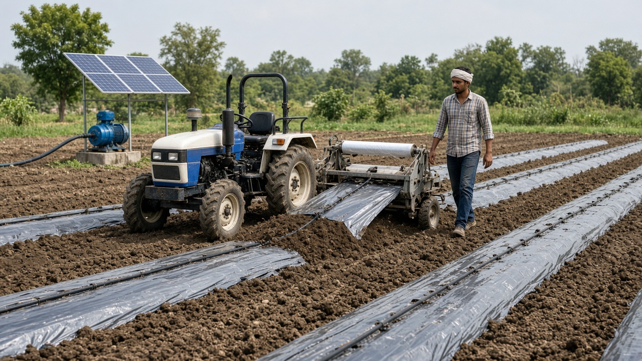 Compact tractor pulling a bed maker and mulch laying machine that lays a drip pipe and covers the bed with plastic film, a young farmer walking beside it, and a solar pump nearby