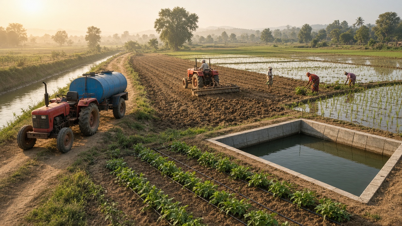 Indian farm with a red tractor pulling a blue water tanker along a canal, another tractor levelling a field beside paddy, a lined farm pond, and drip-irrigated vegetable rows