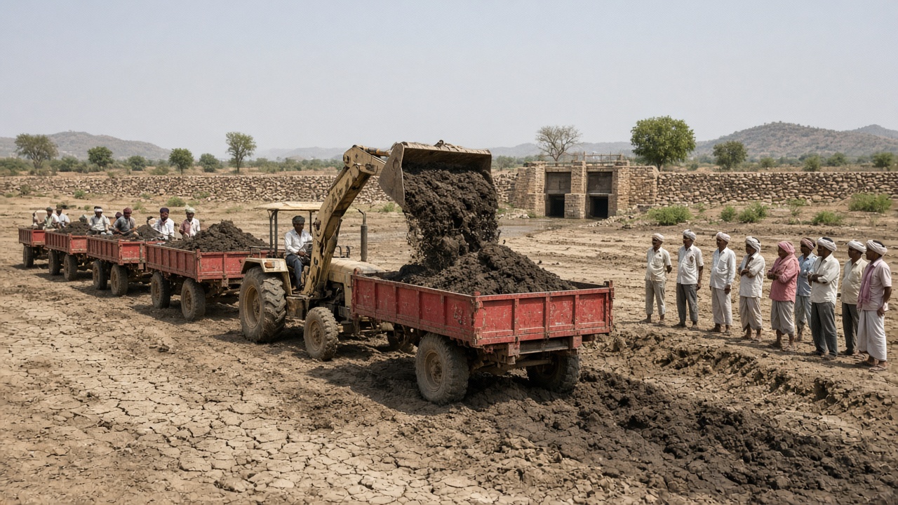 Tractor-mounted backhoe loading dark silt from a dry village tank into a line of red tractor trolleys, with a stone sluice in the background and villagers watching