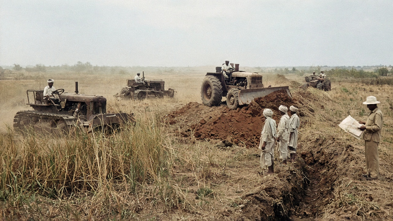 1950s crawler and wheeled tractors clearing tall grass and building an earthen bund beside a freshly dug irrigation channel, with workers and an engineer holding a map