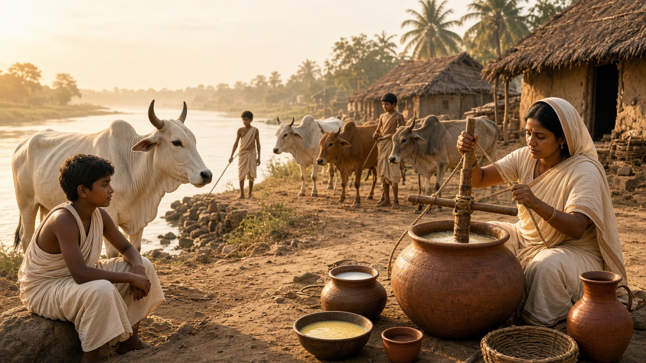 Ancient riverside village where cowherds tend humped zebu cattle while a woman churns curd into butter with a wooden churn in a large clay pot surrounded by pots of milk and ghee