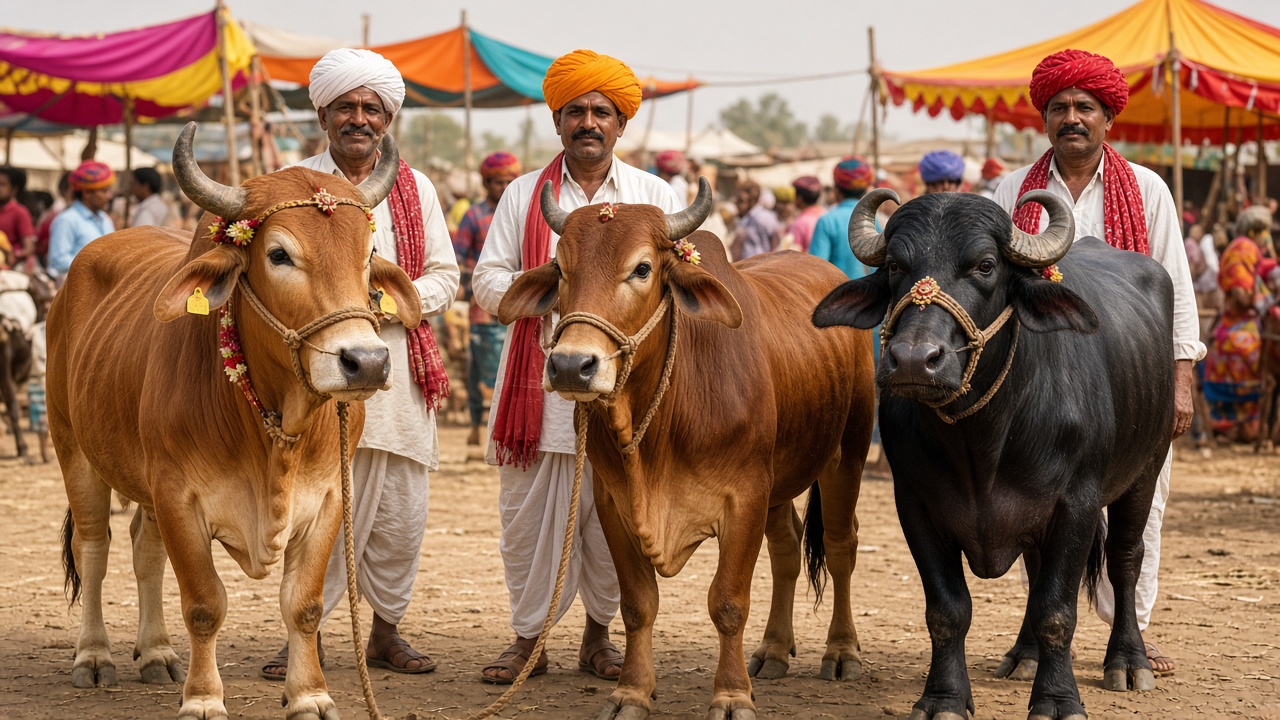 Village cattle fair with two reddish-brown Indian cows and a black Murrah buffalo standing side by side with their owners in turbans under colourful tents