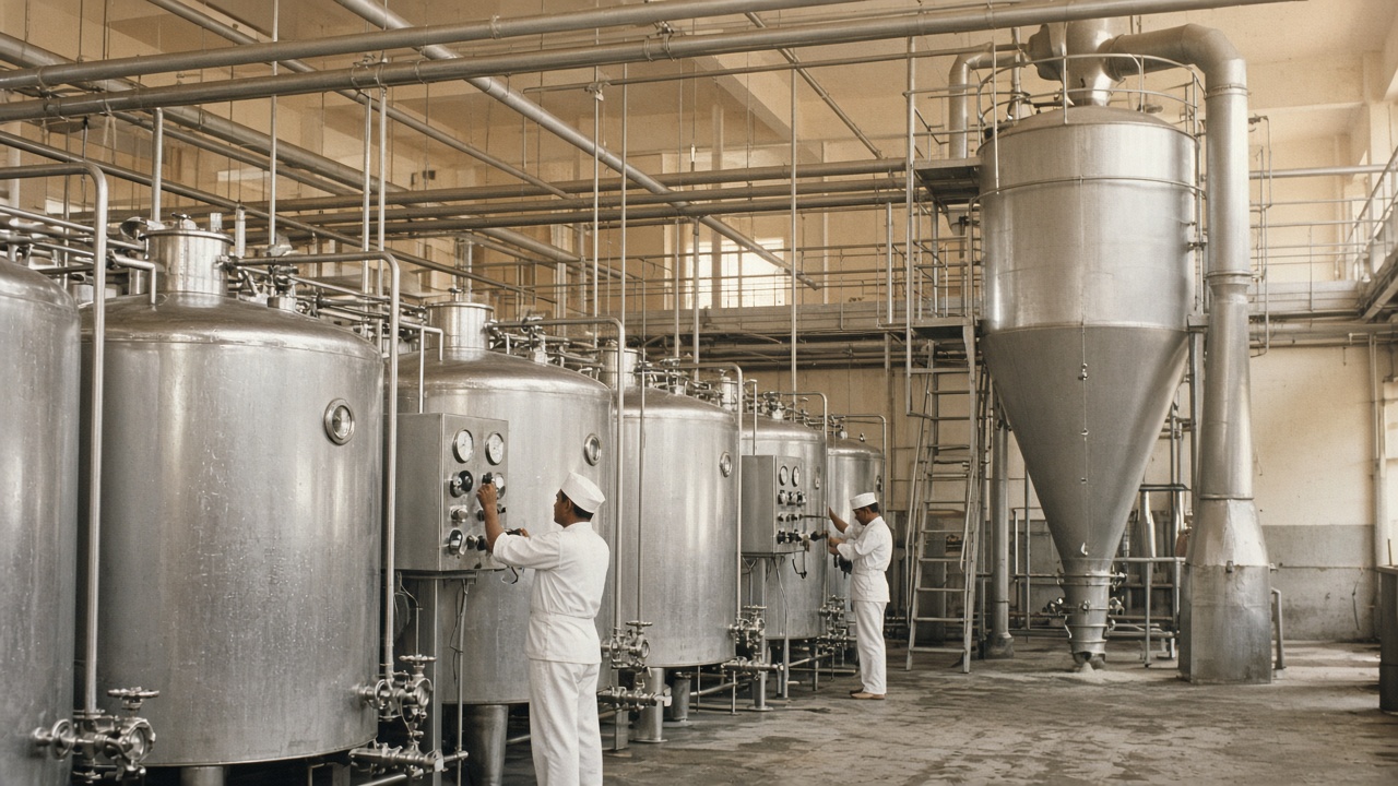 1960s Indian dairy plant interior with large stainless steel milk vats, pipes, a spray dryer for milk powder, and workers in white uniforms and caps checking gauges