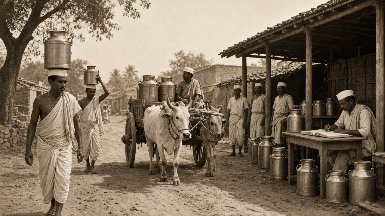 Sepia 1940s Gujarat village where farmers in dhotis and Gandhi caps carry milk cans on their heads and on a bullock cart to a small collection shed where a man writes in a ledger