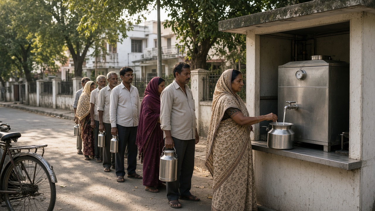 Late 1990s Delhi street where people with steel containers queue at a milk vending booth with a stainless steel bulk milk dispenser