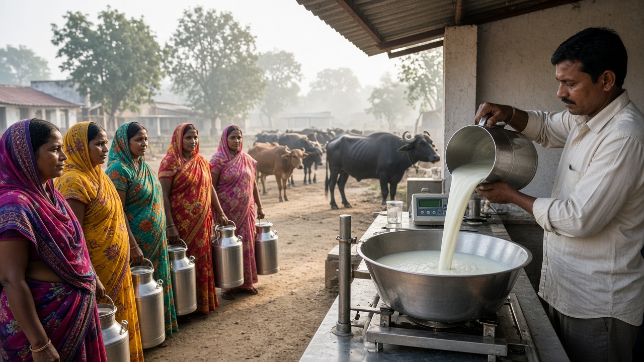 Women in colourful saris queuing with steel milk cans at a village dairy cooperative collection centre while a clerk pours milk into a weighing bowl beside a fat-testing machine, with buffaloes behind