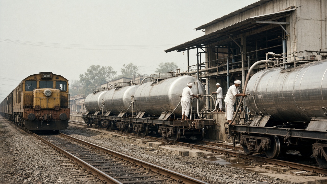 1970s Indian railway station with a train of stainless steel milk tanker wagons as workers in white connect hoses to unload milk into a dairy