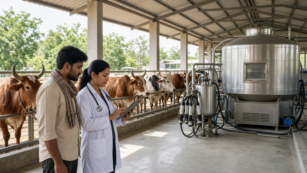 Modern Indian dairy farm with Gir and Sahiwal cows in a clean shed, a woman veterinarian using a tablet beside a young farmer, and a milking machine and bulk milk cooler