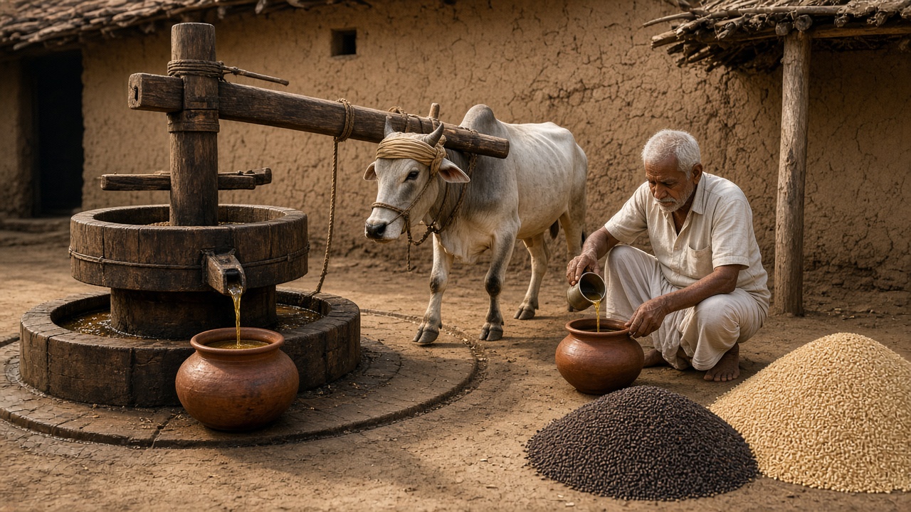Traditional wooden village oil press turned by a blindfolded bullock while an elderly oil presser collects golden oil in clay pots beside heaps of mustard and sesame seeds