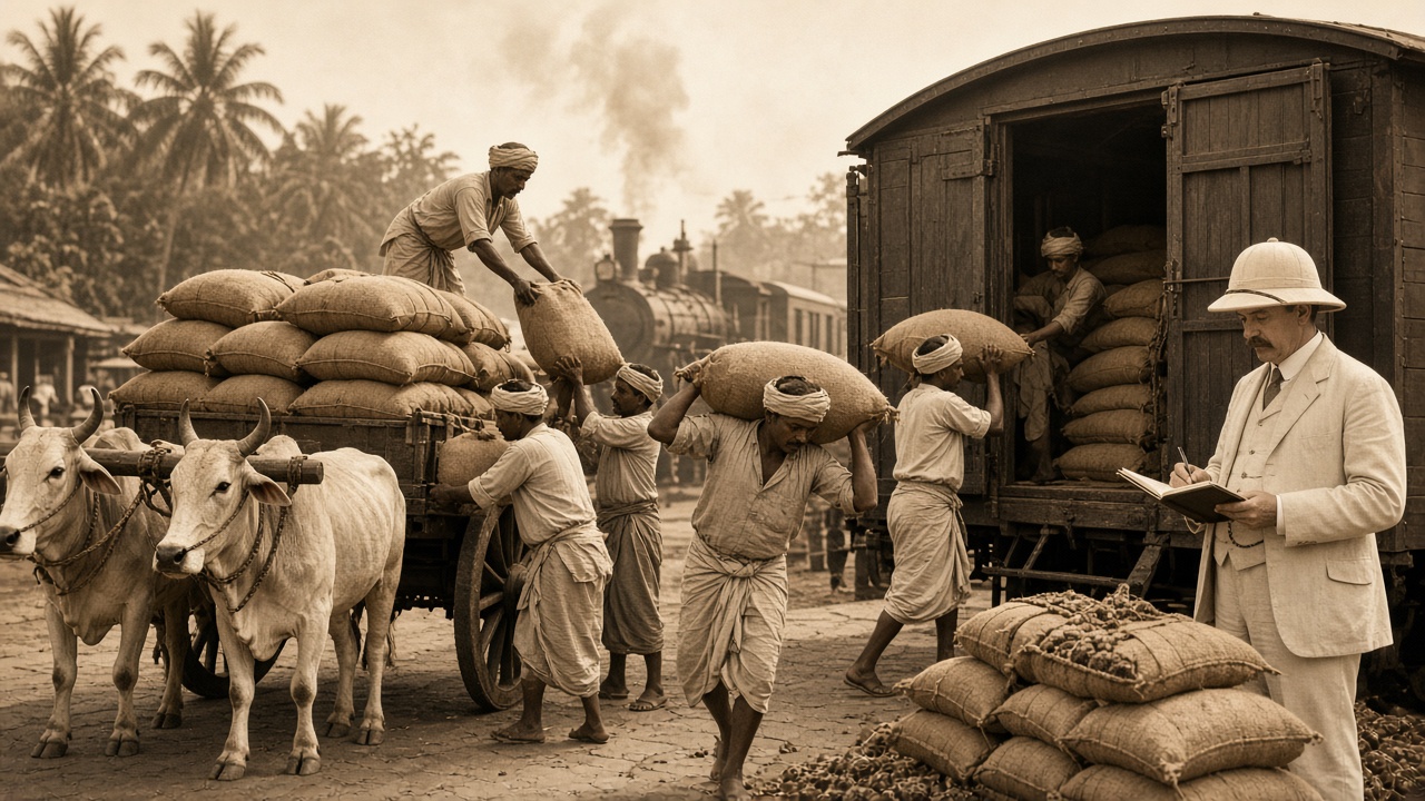Sepia early 1900s railway station in south India where labourers load sacks of groundnuts from bullock carts into a goods wagon as a colonial trader writes in a ledger