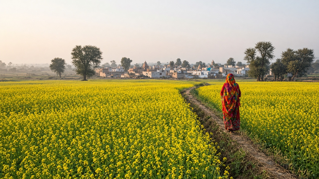 Woman farmer in a colourful odhni walking along a bund through vast bright yellow flowering mustard fields in rural Rajasthan, with a village and trees in the distance