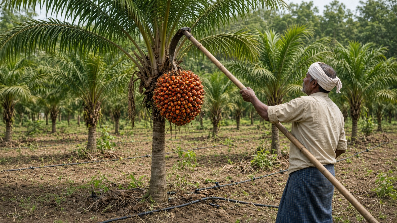 Farmer in Andhra Pradesh using a long pole sickle to harvest a heavy bunch of orange-red oil palm fruit in a young plantation with drip irrigation lines