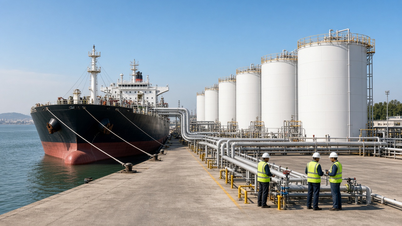 Tanker ship berthed at a modern Indian port beside rows of large white edible oil storage tanks connected by pipelines, with workers in hard hats