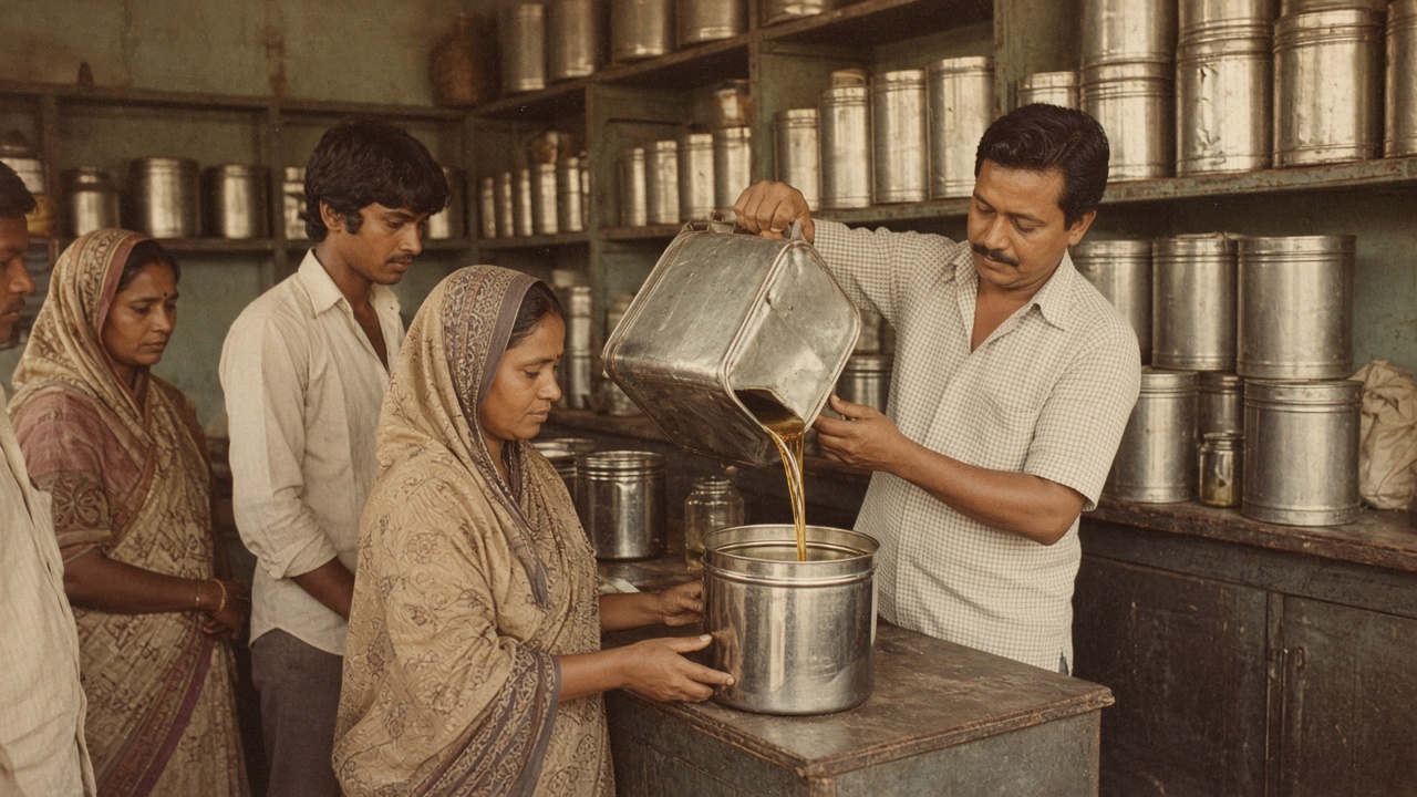 1970s Indian grocery shop with shelves of large metal oil tins, a shopkeeper pouring cooking oil from a big tin into a customer’s steel container as others wait