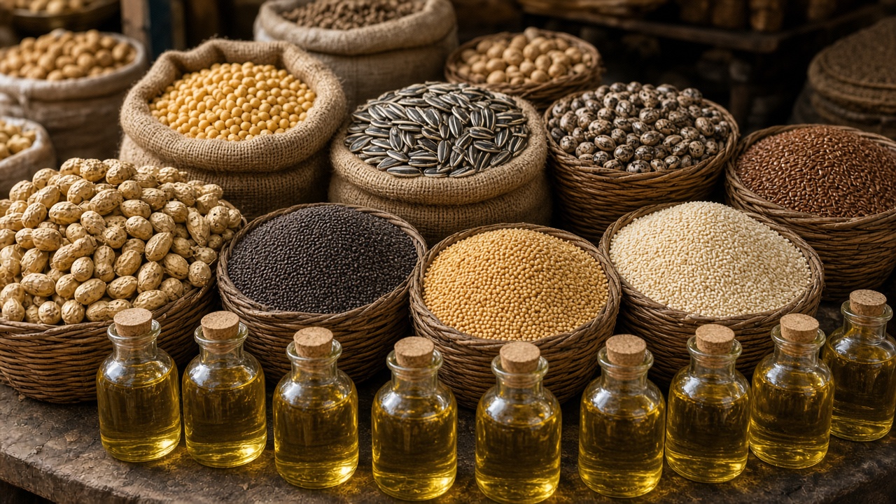 Market stall with woven baskets and sacks of groundnuts, mustard seeds, sesame, soybeans, sunflower seeds, castor, and flaxseed, with small bottles of golden oil in front