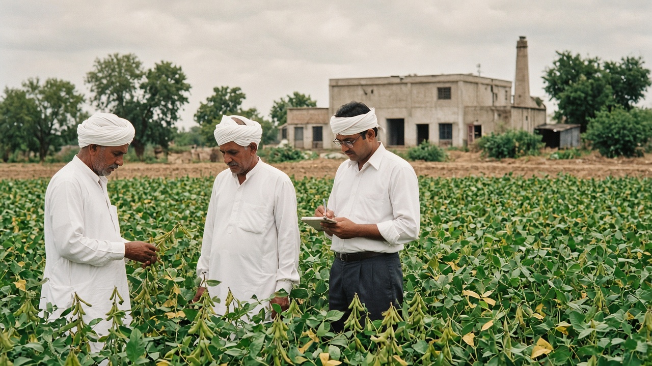 Late 1980s soybean field in Madhya Pradesh where farmers in white kurtas and turbans inspect soybean pods with an extension officer, and an oil mill stands in the distance