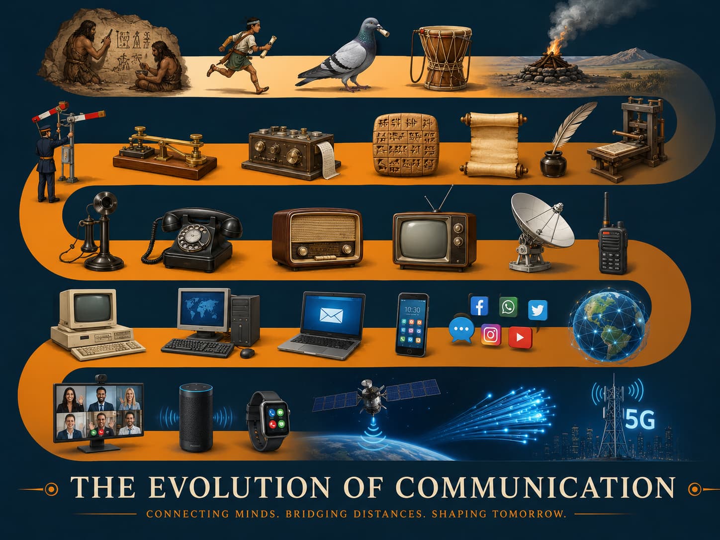 Communication evolution timeline from letters and telephones to internet and smartphones
