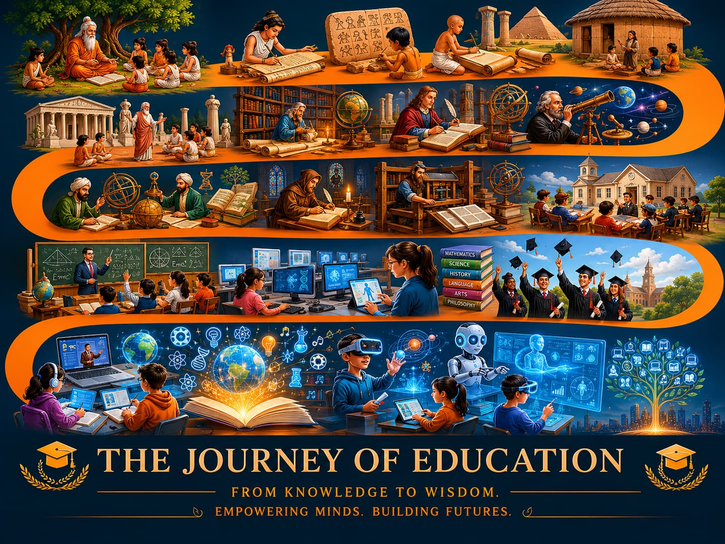 Education journey timeline from traditional learning to modern digital education