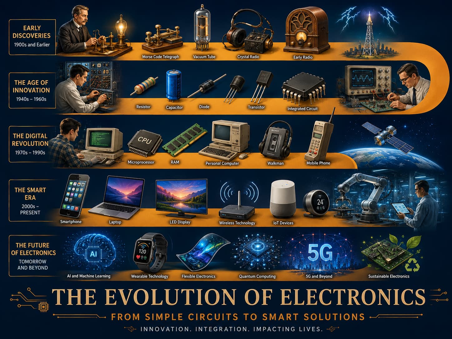 Electronics evolution timeline from early devices to modern smart technology