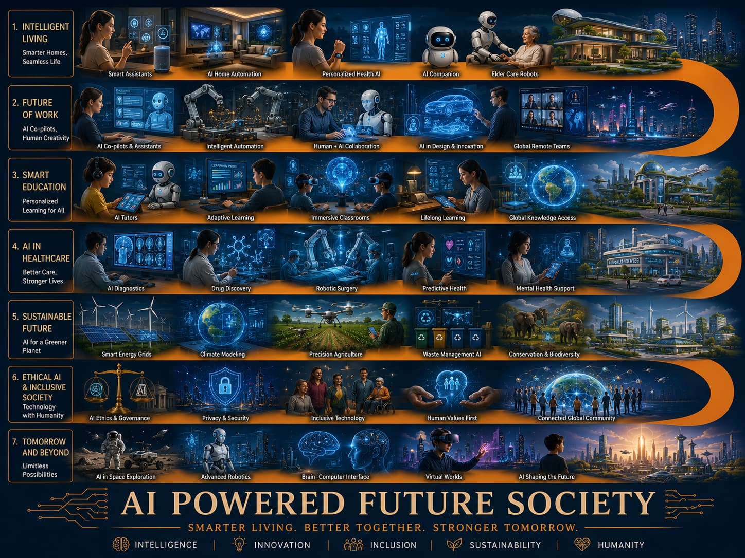 Future society timeline with emerging technologies and next generation lifestyle changes