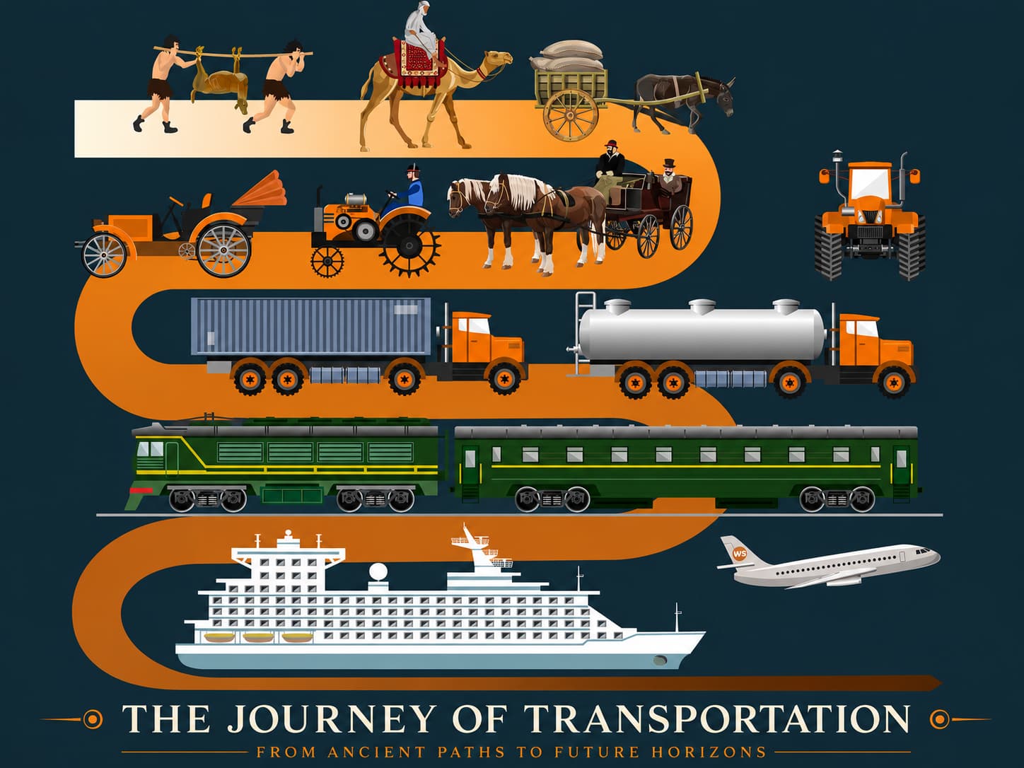 Transportation journey timeline from early vehicles to modern mobility and future transport