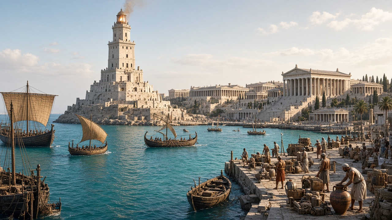 Reconstructed harbour of ancient Alexandria with a tall multi-tiered white stone lighthouse burning a fire at its top on an island, Greek colonnaded buildings and temples along the shore, sailing ships in turquoise water, and workers unloading clay jars and goods on a stone quay in late afternoon light