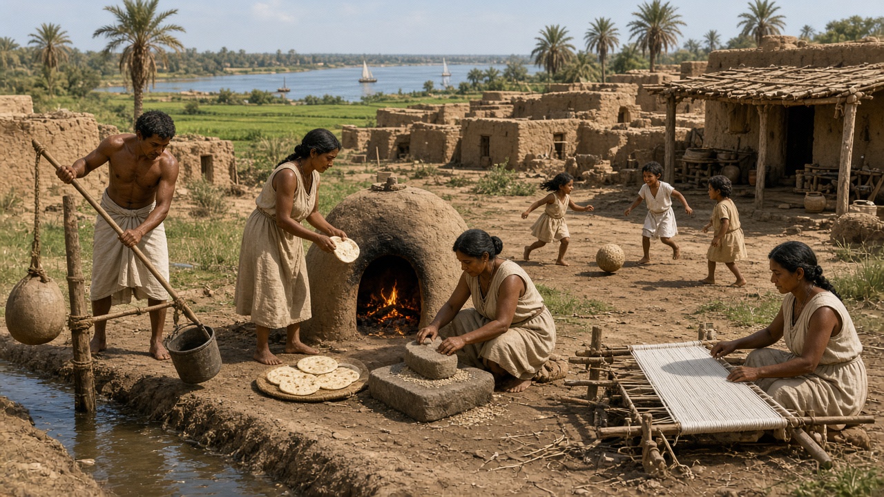 Reconstructed Egyptian village by the Nile where a farmer lifts water with a shaduf into an irrigation channel, a woman takes flat bread from a domed clay oven, another grinds grain on a stone, a woman weaves white linen on a ground loom, and children play with a ball among mud-brick houses, palm trees, and green fields