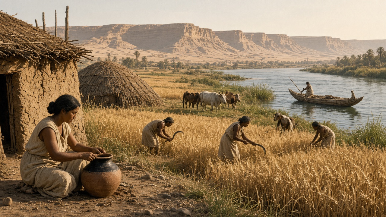 Reconstructed predynastic village on the bank of the Nile with reed-and-mud huts, where farmers harvest golden wheat with curved sickles, a woman sits beside a red pot with a black top, cattle graze by the water, and a man poles a papyrus reed boat on the river beneath desert cliffs in warm light