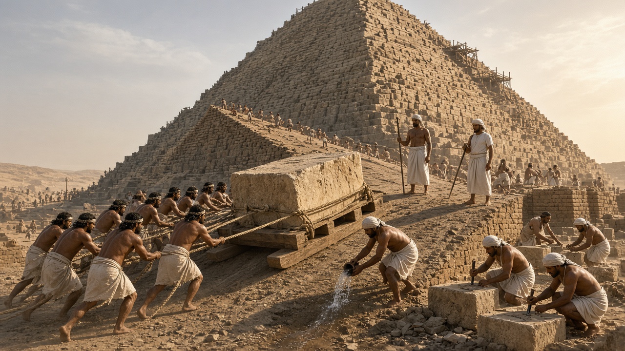 Reconstructed construction site of a great pyramid where a team of workers in white linen kilts pulls a huge limestone block on a wooden sledge with ropes up a ramp while one worker pours water in front of the sledge, overseers with staffs watch, and stone masons shape blocks with chisels as the half-built pyramid rises behind in dusty golden light