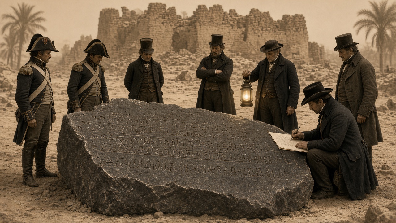Sepia scene from 1799 where French soldiers in bicorne hats and scholars in top hats and long coats gather around a large dark granite slab covered in rows of worn carved signs lying on the sand, one scholar holding a lantern and another kneeling to copy the signs onto paper, with a ruined fort and palm trees behind