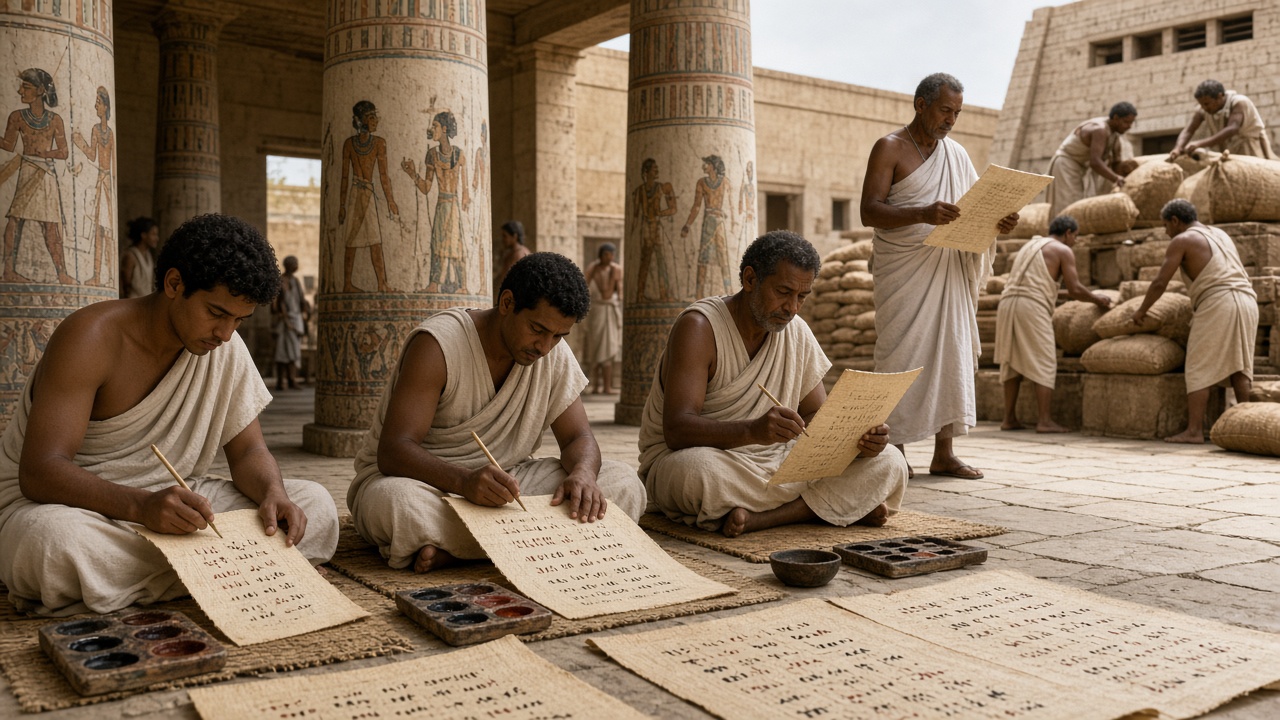 Reconstructed courtyard with painted columns where Egyptian scribes in white linen sit cross-legged on mats writing on sheets of papyrus with reed pens beside ink palettes, a senior scribe stands reading a sheet, and workers stack sacks of grain at a granary in the background