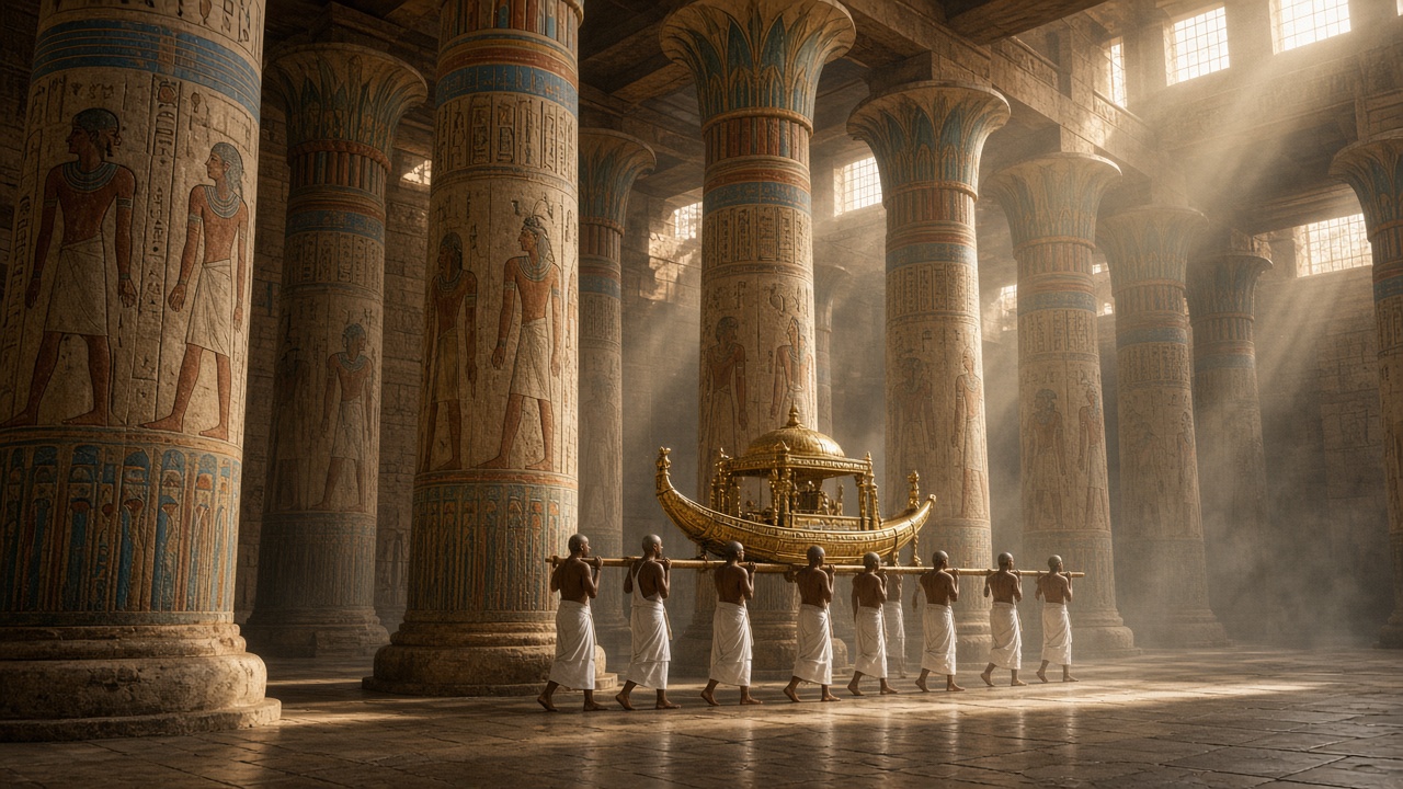 Reconstructed hypostyle hall of a great Egyptian temple with towering stone columns painted in blue, red, and yellow with carved figures, shafts of sunlight falling through high windows and incense haze, as a line of shaven-headed priests in white linen carries a gilded boat shrine on long poles across the stone floor