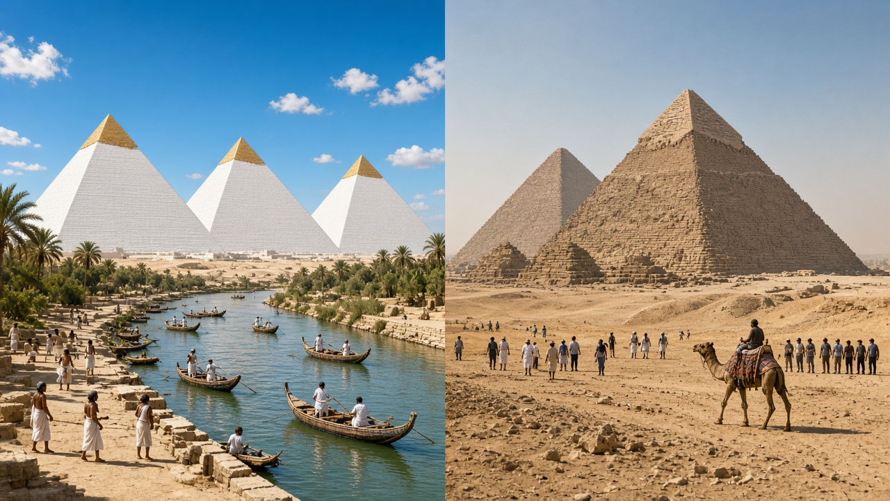 Split image with the three pyramids of Giza reconstructed around 2500 BCE on the left, covered in smooth white limestone with golden capstones beside a Nile canal with reed boats, palm trees, and workers in white kilts, and the same pyramids today on the right, weathered and stepped, with tourists and a camel rider on the sand