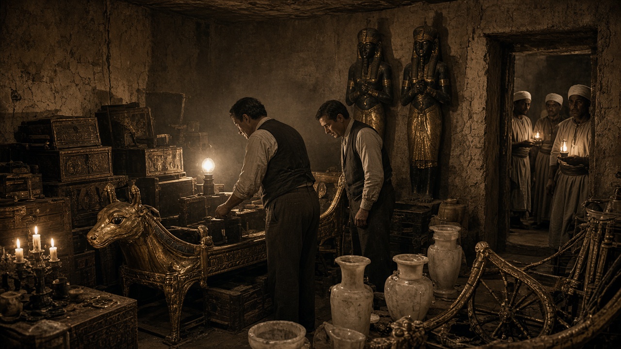 Sepia 1920s scene inside a tomb chamber lit by an electric lamp and candles, where two archaeologists in shirts and waistcoats examine a room crowded with a gilded couch with an animal head, stacked wooden chests, alabaster vases, parts of a gilded chariot, and two tall black-and-gold guardian statues, while Egyptian workers holding lamps watch from the doorway