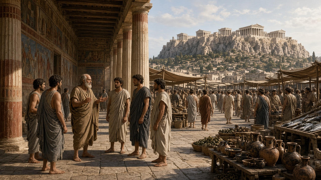 Reconstructed agora of Athens with an elderly bearded philosopher in a simple cloak talking with young men under a painted stone colonnade, market stalls selling pottery, olives, and fish, and the Acropolis with its temples on a rocky hill in the background