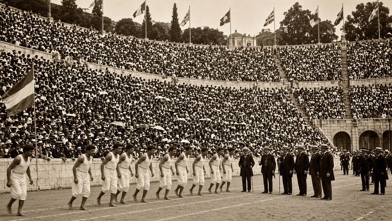 Sepia scene from 1896 in a marble horseshoe-shaped stadium in Athens, with runners in white vests and shorts crouched at the start line, officials in dark suits and straw boater hats, flags, and a vast crowd of spectators in hats filling the marble seats