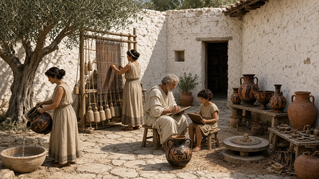 Reconstructed courtyard of an ancient Greek house with a woman weaving on an upright loom hung with clay weights, another woman pouring water from a painted jar into a stone basin, an elderly tutor teaching a boy to write on a tablet, and red-figure and black-figure vases beside a potter’s wheel under an olive tree