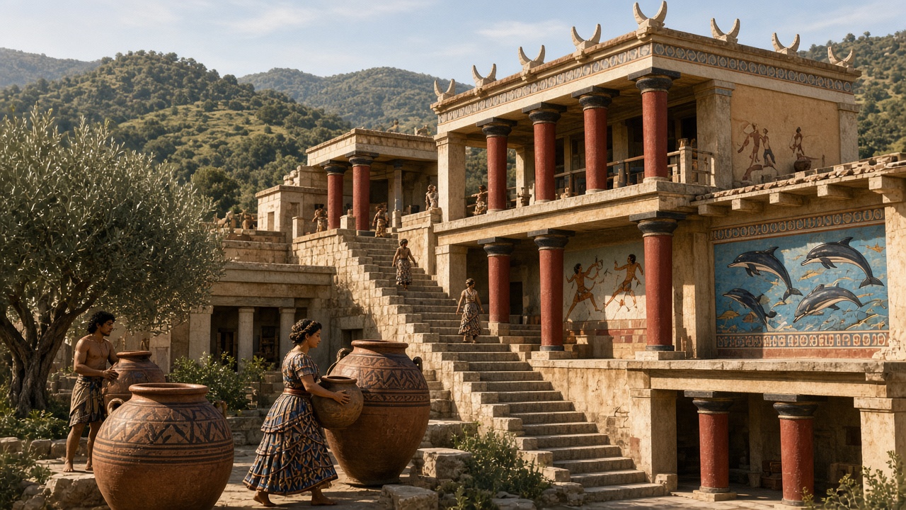 Reconstructed Minoan palace of Knossos with red columns that widen towards the top, a grand staircase, colourful frescoes of dolphins and bull-leapers, horn-shaped stones on the roof, and Minoans in patterned clothing carrying large painted storage jars beside olive trees and green hills