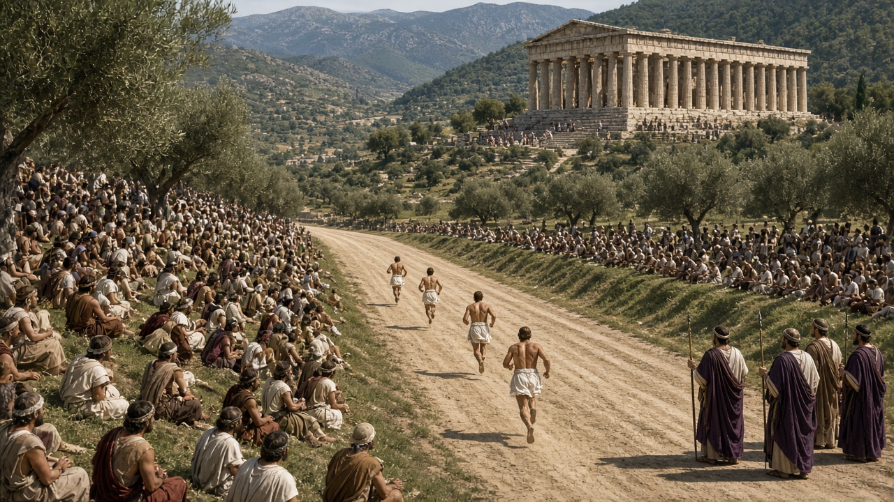 Reconstructed ancient Greek athletic festival with runners in short white garments racing along a long sandy track between grassy banks crowded with spectators in cloaks, judges in purple robes holding staffs, olive trees, and a Doric temple in a green mountain valley