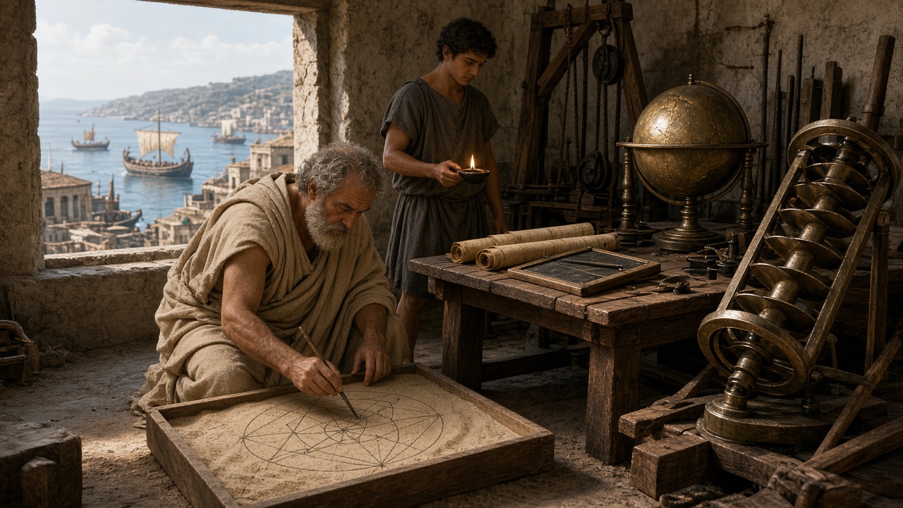 Reconstructed Hellenistic scholar’s workshop with an elderly bearded mathematician drawing geometric figures in a tray of sand, a bronze water screw, a globe, pulleys, scrolls, and a wax tablet on a wooden table, an assistant holding an oil lamp, and a window looking over a harbour with sailing ships