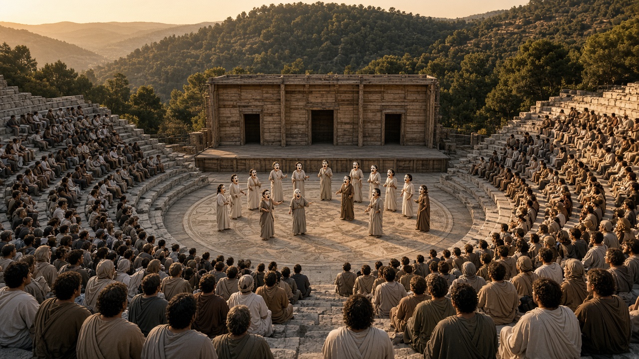 Reconstructed ancient Greek open-air theatre built into a pine-covered hillside, with a semicircle of stone seats packed with spectators in cloaks and a chorus of performers in long robes and white theatrical masks standing in the circular orchestra in front of a simple wooden stage building, in golden evening light
