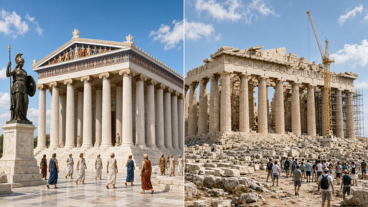 Split image with the Parthenon reconstructed as new around 430 BCE on the left, gleaming white marble with brightly painted sculptures in the pediment and frieze, a bronze statue of Athena, and Athenians in robes, and the Parthenon today on the right, weathered and roofless with scaffolding, a yellow crane, and tourists among scattered stone blocks